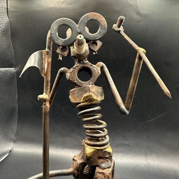 Vintage Metal Golfer Nuts Bolts Figure Flag Welded Art Unique Signed DFF Patina - Picture 9 of 16